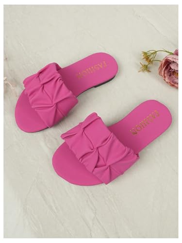 GORGLITTER Girl's Ruched Flat Dressy Sandals Trendy Open Toe Summer Slide Sandals Hot Pink 9.54