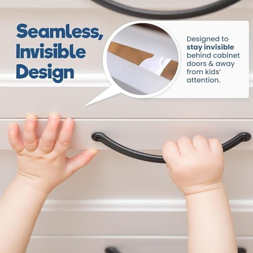 upgraded invisible baby proofing cabinet latch locks 10 pack - no drilling or tools required for installation works with most cabinets and drawers works with countertop overhangs highly secure