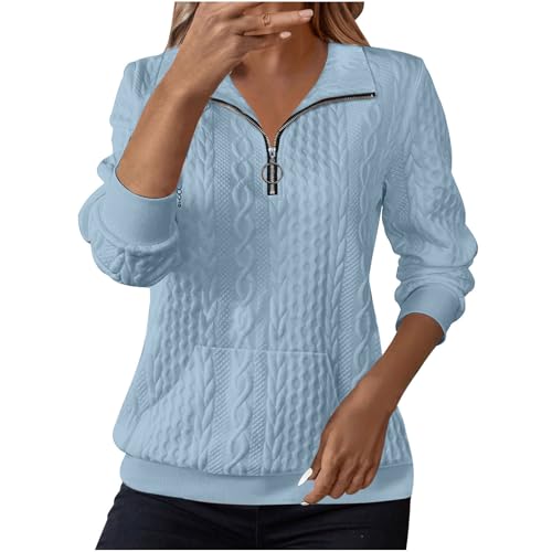 Sweatshirts for Women Cable Knit Jumpers Lapel Half Zip Pullover Ladies Thermal Sweatshirt Long Sleeve Tops Winter Autumn Sweaters Warm Tunics for Office Work Daily Going Out Wear Sky Blue