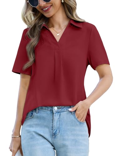 UMIPUBO Blusas Mujer Verano Manga Corta Cuello en V Camisas Elegante Camisetas Suelta Blusones Casual Básica Camisa Moda Shirts Tunic Tops (Borgoña, L)