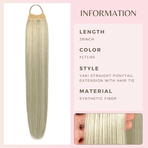 VAVANGA 28inch Long Ponytail Extension with Hair Tie, White Grey Yaki Straight Ponytail Thick Braiding Hair, Natural Fake Pony Tails Hairpiece for Women (#171/60) — view 3