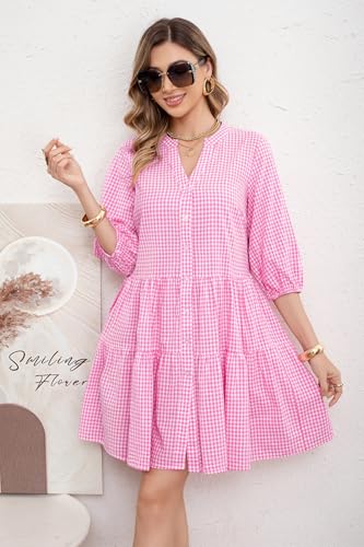 Image of utcoco Women's 2026 Spring Summer Plaid Shirt Dress 3 /4 Puff Sleeve Button Down Loose Casual Midi Dress with Pockets