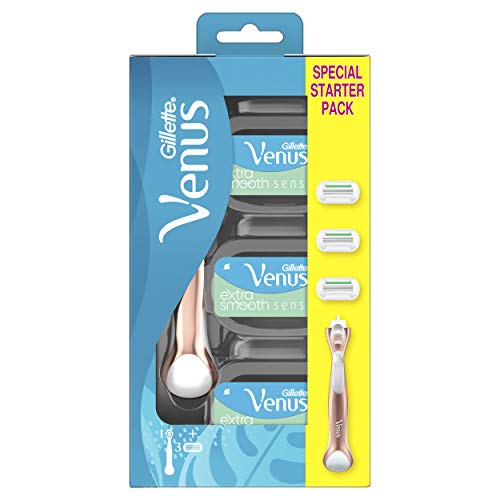 Gillette Venus Extra Smooth Sensitive Rosegold Rasierer Für Frauen mit Metallgriff + 2 Extrollklingen, Mit 5 diamantharten Klingen