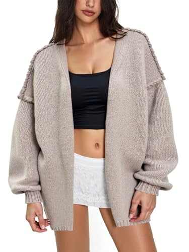 Women’s Oversized Knit Cardigan, Open Front Long Sleeve Chunky Sweater, Soft Cozy Beige Cardigan for Fall & Winter Layering3