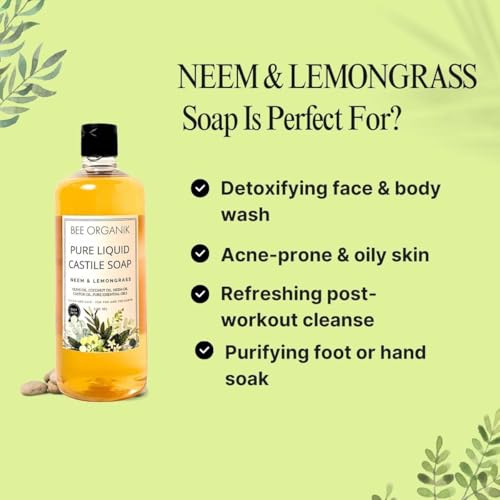 Image of Neem & Lemongrass Pure Liquid Castile Soap |All Natural, Organic and Safe | Face, Body & Hair, For Sensitive Skin, No Artificial Fragrance | Bee Organik | Neem 500ml