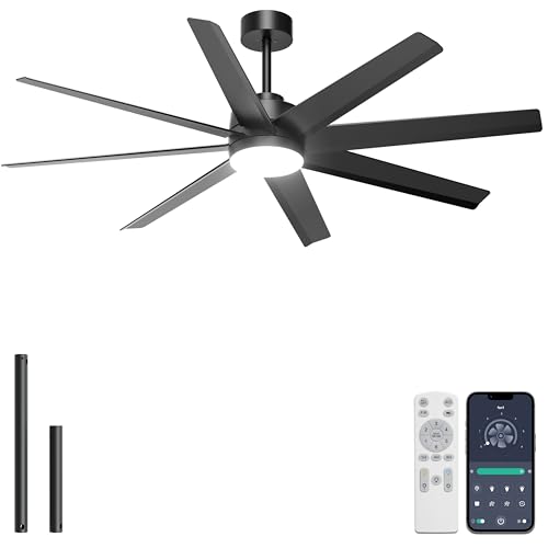 Ohniyou 60'' Ceiling Fan with Light - Modern Black 8 Blades Ceiling Fan Remote/APP Control, Dimmable, DC Motor Outdoor Fan for Covered Patio, Living Room, Shop, Garage