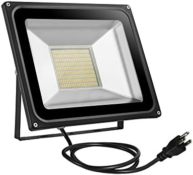 Missbee 100w LED Flood Light 11000ml Outdoor Security Light with US 3-Plug, 2.95feet Cord, 2800-3000lm,Warm White, IP65 Waterproof, Instant On, Super Bright to Garage,Advertising[Added Plug]