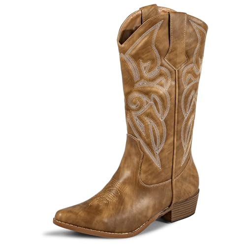Bottes de cowboy pour femme bottes western de cowgirl mi-mollet à talon épais
