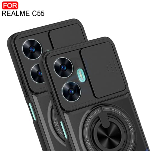 Image of AESTMO Realme Narzo N55 / C55 Back Cover | Armor Camera Slider 360 Degree Rotating Finger Ring Holder Case with Bracket Stand Back Case Cover (Compatible with MagSafe Accessories) Black