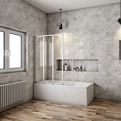 Mampara Ducha para Bañera   4 Hojas Plegables   Vidrio Templado 4mm   Perfil Blanco/Gris Mate   (990 1000) X1400mm