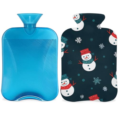 Hot Water Bottle with Soft Cover,2L Christmas Snowman Hot Water Bag for Hot and Cold Compress, Hand Feet Warmer, Oil Painting Snowman Rubber Hot or Cold Water Bottle Halloween Christmas Decorations