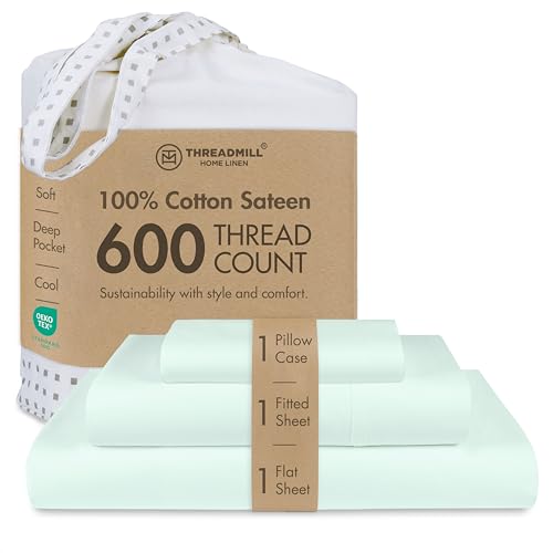 Image of Threadmill Sheets for Twin Mattress | 600 Thread Count Twin Bed Sheets Set with 15 inch Deep Pocket | Sateen Weave 3-Piece Bedding Set with Cooling Effect | Seaglass