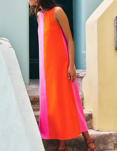 Zontroldy Summer Casual Dress for Women Long Sleeveless Crewneck Dresses Color Block Side Slit Beach Vacation Dress3