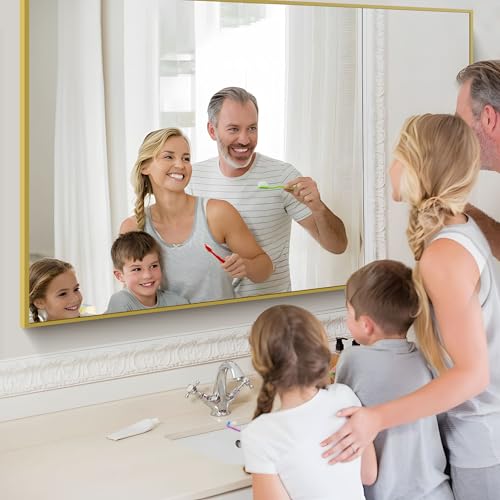 Image of COFENY Gold Bathroom Mirror for Wall, 60x36 Inch Rectangle Mirrors with Metal Frame, Modern Vanity Wall Mirror Decor for Bathroom Living Room, Entryway Hangs Horizontal or Vertical