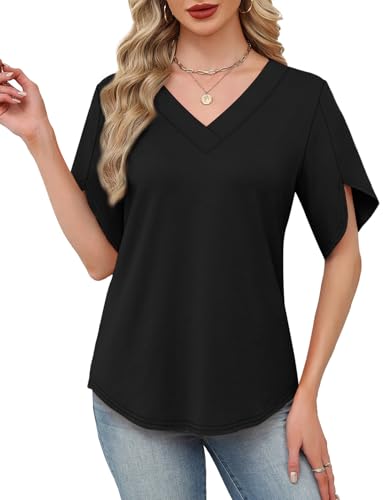 Image of WIHOLL Womens Summer Tops Short Petal Sleeve Shirts Fashion V Neck Womens Clothing