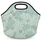 Bolsa de almuerzo de neopreno con diseño de hojas abstractas, color verde, bolsa de almuerzo aislada, suave, plegable, lavable, reutilizable