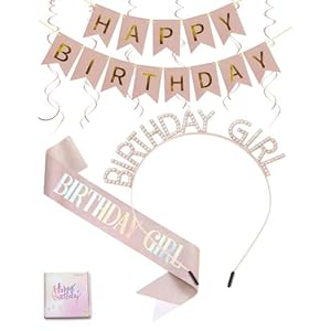 Cosblisvia 4 pièces Set de guirlandes Joyeux Anniversaire, écharpe et Couronne d'anniversaire pour Femmes, Filles, Dames pour fête, célébration, Anniversaire (Or Rose)