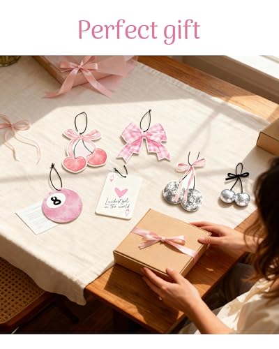 Image of Coquette Pink Bow Car Air Fresheners, 5-Pack Assorted Floral Scents Cherry Cute Girly Car Accessories Hanging Decor for Rearview Mirror Long-Lasting for Women Teen Girls
