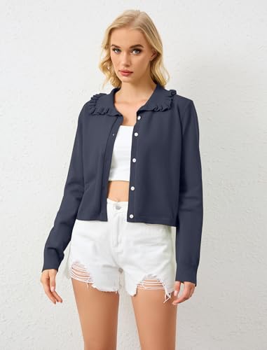 Image of Ythomm Womens Ruffle Collar Cropped Cardigans Button Down Open Front Long Sleeve Knit Sweater Jackets Casual Solid Fall Tops