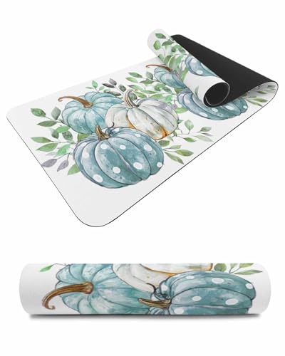 Debedcor Heat Proof Table Pads Waterproof Decorative, Turquoise White Pumpkins Non-Slip Table Countertop Protector, Thanksgiving Fall Leaves Insulation Mat for Kitchen Room, 40 x 12 Inches