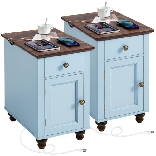 Farmhouse Light Blue End table Set of 2 with Hidden