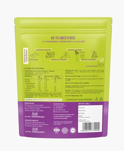 Image of Just Zero Monk Fruit & Allulose Natural Sweetener for Diabetics | 1:1 Sugar Replacement for Tea /Chai, Filter Coffee, Mithai & Baking | No Erythritol, Zero Calorie, Keto Friendly | 200g