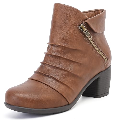 Ankle Boots for Women Chunky Heeled Booties Fashion Comfort Round Close Toe Low Mid Heel Winter Fall Ladies Short Boots. 9 Brown Pu 303