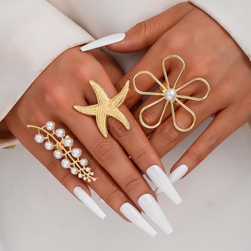 Women's Ocean-Themed Ring Set, 3-Piece Adjustable Open Rings with Starfish, Pearl Branch & Wire Flower Design, Summer Statement Jewelry3