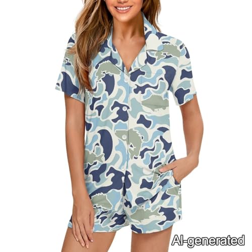 Image of Renewold Women's Short Sleeve Pajama Set Button Down Sleepwear with Notch Collar Soft Lounge Top and Shorts with Pockets