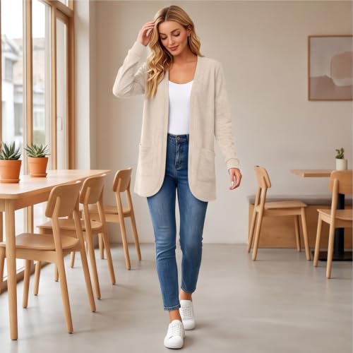 Long Cardigan for Women Lightweight Long Sleeve Open Front Clothes | Women Cardigan with Pockets, Business Casual, Winter Fall Cardigan, Office, Work, Casual, Comfy, Athletic, Beige — view 4