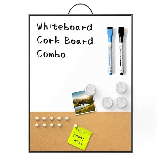 ANLIOTE Magnetic Whiteboard Cork Noticeboard Combo, 40x30cm Hanging Dry Erase Board with Aluminium Frame, Portable Wall Door Planning Board for Office Home School Classroom