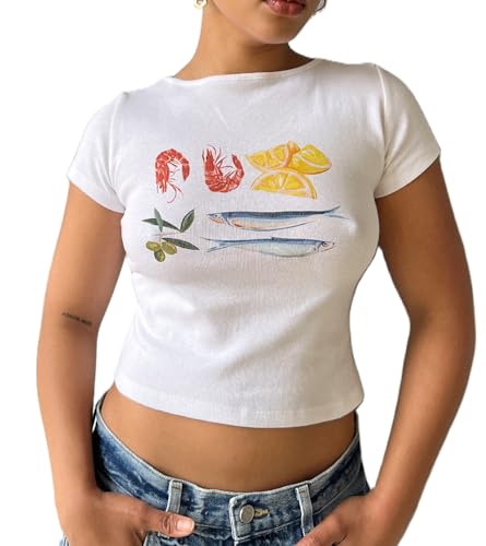 Camisetas de manga corta para mujer, Y2K, para bebé, con estampado gráfico lindo, camisetas ajustadas, vintage, tela estética de verano, 1269 Escena Tapas, S