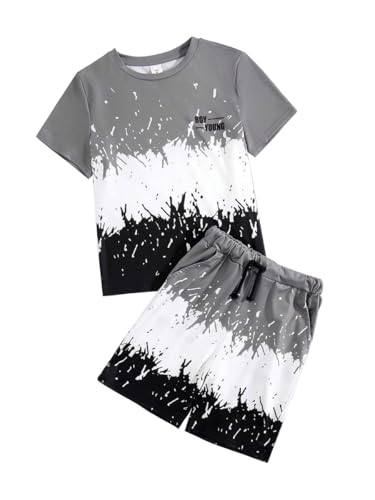 Arlubiya Kids Tween Boy Casual Clothing Set Letter Graphic Colorblock Tee +Shorts Summer Clothing Set 4-14 Years(4-5T)