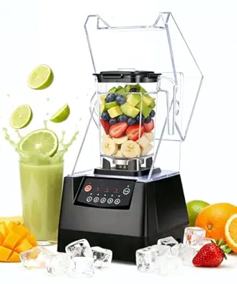 SYBO HS-210E Professional-Grade Commercial Blender With Quiet Shield, Heavy-Duty 2HP High-Speed, 48oz BPA-Free Jar, Easy Cleaning & Dishwasher-Safe, for Juice, Ice Shakes, Smoothies, Metallic