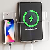 VANCORE Clear Wall-Mounted Phone Stand & Organizer - Remote Control Holder, Media Caddy with Charging Holes - Large Enough for Phone & Tablet