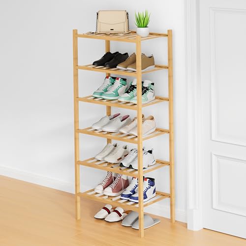 Smiry Small Bamboo Shoe Rack, 6 Tier Free Standing Wooden Shoe Organizer, Stackable 12 Vertical Slats Wood Shoe Storage Shelf for Closet, Entryway, Three-piece Standard Legs, 17.3"x11"x39", Natural