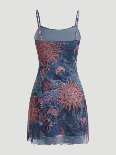 Image of Milumia Women's Summer Mini Dress 90s Boho A Line Mesh Short Dresses | Spaghetti Strap,Sleeveless,Vintage,Paisley Print,Festival Outfits,Cowgirl,Y2k,Goth,