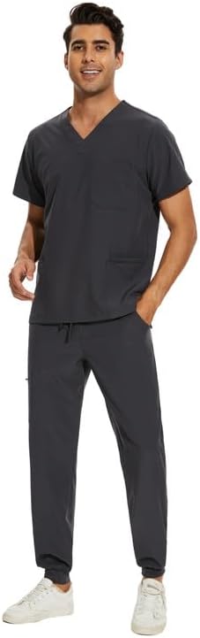 COZYFIT Men Scrubs Set โ Stretch V-Neck Scrub Top & Jogger Pant with 8 Pockets, Yoga Waistband, Anti-Wrinkle Scrubs for Men