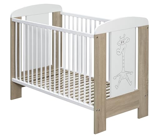Baby Happy Bliss Babybett Kinderbett 120x60 cm aus massivem Buchenholz – 3-Fach höhenverstellbar, 3 herausnehmbare Sprossen, EN 716 geprüft – Weiß/Sonoma, Giraffe | Modell Kamil