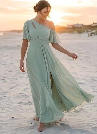 Clothfun One Shoulder Short Sleeve Chiffon Bridesmaid Dress Long High Waist Formal Dresses CYN060 - Image 6