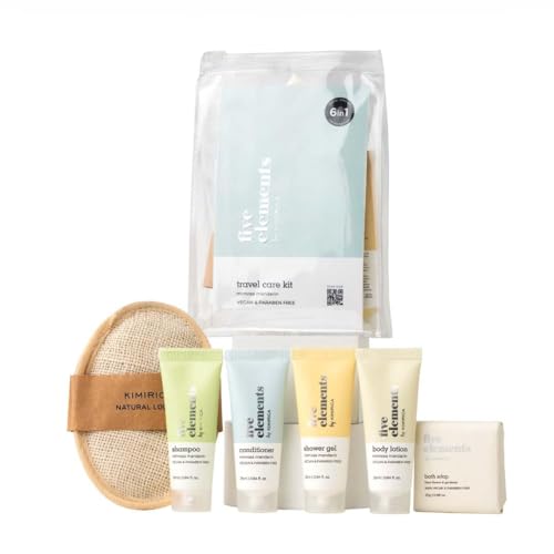 Kimirica Travel Kit Bath set Five Elements Luxury Bath and Body Care Travel Pouch Loofah| 6 in 1 self-care travel kit with a reusable pouch 100% Vegan
