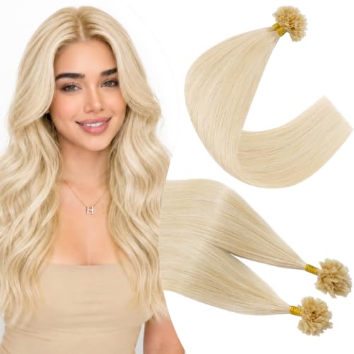 Elailite Extensiones Pelo Natural Queratina U Tip sin Clip 100 Mechas 50g Cabello Humano 40cm #60 Rubio Platino
