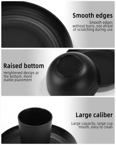 Camping Besteck Set, Camping Geschirr Schwarz, Edelstahl-Besteck, wiederverwendbarer Leichter Becher, spülmaschinenfest mit Becher, Schüssel, Teller und Tasche, Ideal für Outdoor, Picknick und Reisen