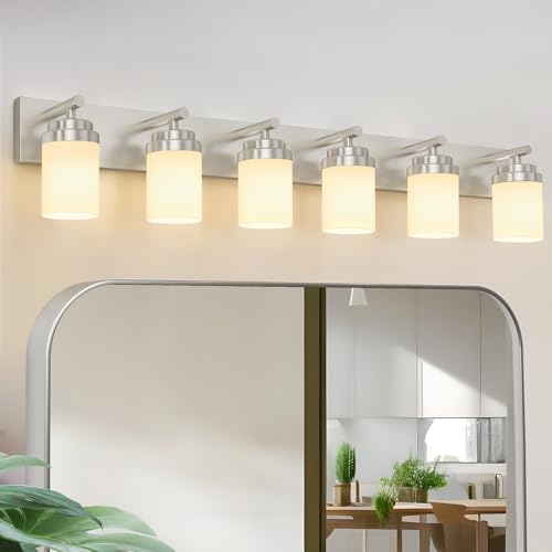 Image of IZORRO Bathroom Vanity Light Fixture, 6-Light 46 Inch Brushed Nickel Bathroom Light Fixtures Over Mirror, with White Glass Shade, Modern Farmhouse Vanity Lights, Rustic Restroom Lighting Fixtures