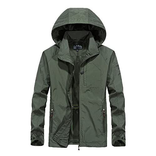 Mens Winter Jackets Fashion Long Sleeve Solid Lightweight Windbreaker Hooded Zipper Plus Sized Comfy Raincoats 2025 Army Green