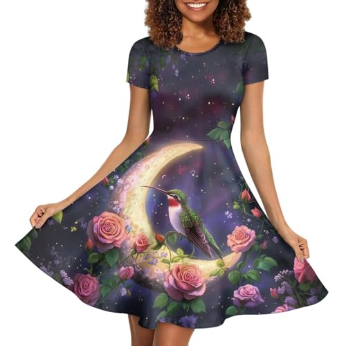 Image of HUGS IDEA Womens Puffy Swing Midi Dress Round Neck Short Sleeve Party A-Line Dresses