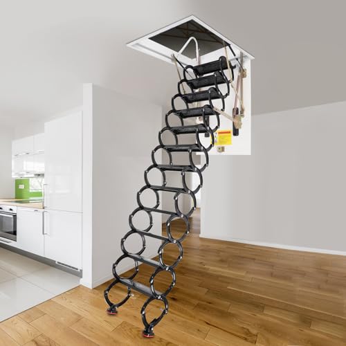 12 Steps Attic Ladder, Retractable Attic Ladder Pull Down System with Vertical Height 11.4 ft, Ceiling Mount Attic Stairs,Loft Ladder, Retractable Stair Ladder for Attics/Basements, Up to 660lbs