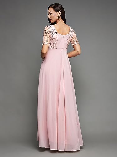 Image of Miss Chase Women's Round Neck Sleeve Embellished Fit Flare Maxi Dress