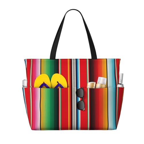 Mexican Serape Blanket Stripes Print Large Beach Tote Bag for Women Extra Large Capacity Sandproof Waterproof Pool Bag Suitable for Swimming Pool Gym Groceries Travel