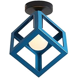 Lampara Techo Azul Amazon iDEGU Lámpara de Techo Vintage de Estilo Geométrico Retro Lámpara Colgante en Forma de Cubo de Metal Retro E27 Iluminación de Techo Interior para Dormitorio Salón Restaurante, 16 cm, Azul